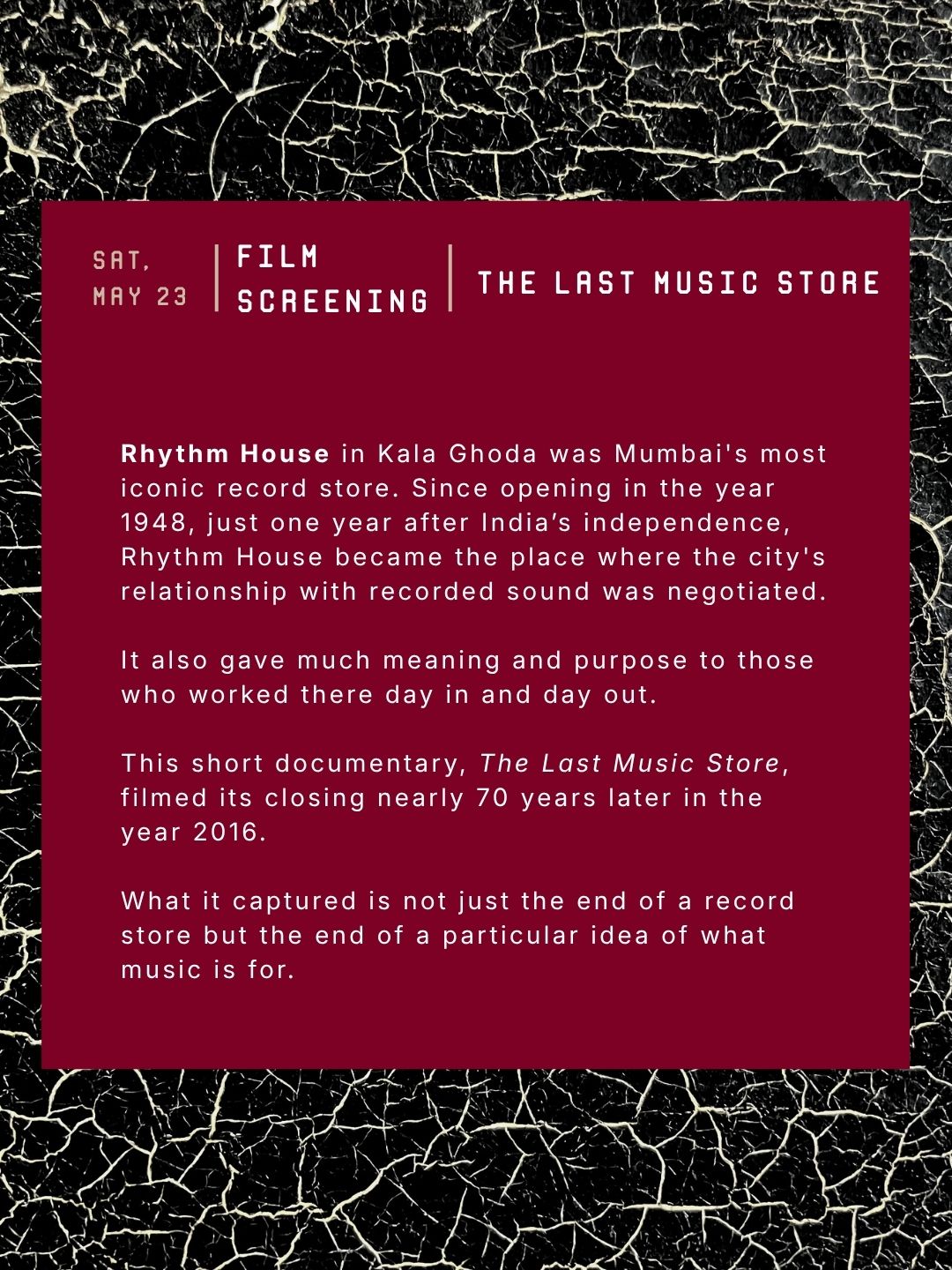 Film Screening | The Last Music Store | Sat, 23 May | Method Kala Ghoda